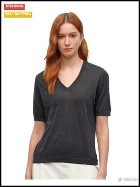 Cashmere Silk V-Neck Short Sleeve Pullover Knit Top Lightweight Layer